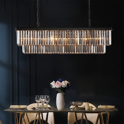 Luminaire suspendu à 2 niveaux pour îlot de cuisine, style moderne et contemporain, avec cristaux, gris fumé et noir, 47 po. Idéal pour salle à manger.