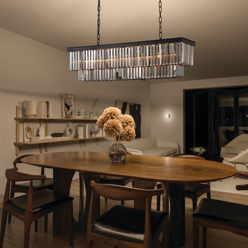 Luminaire suspendu à 2 niveaux pour îlot de cuisine, style moderne et contemporain, avec cristaux, gris fumé et noir, 47 po. Idéal pour salle à manger.