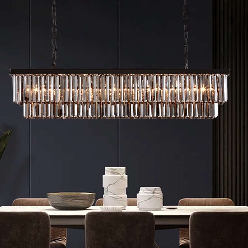 Luminaire suspendu à 2 niveaux pour îlot de cuisine, style moderne et contemporain, avec cristaux, gris fumé et noir, 47 po. Idéal pour salle à manger.