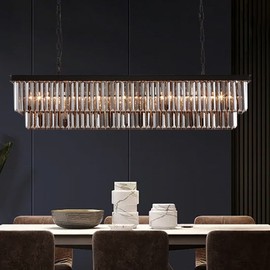 Luminaire suspendu à 2 niveaux pour îlot de cuisine, style moderne et contemporain, avec cristaux, gris fumé et noir, 47 po. Idéal pour salle à manger.