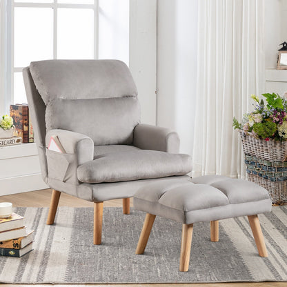 Fauteuil de salon confortable en tissu avec dossier et repose-pieds réglables.