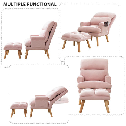 Fauteuil de salon confortable en tissu avec dossier et repose-pieds réglables.
