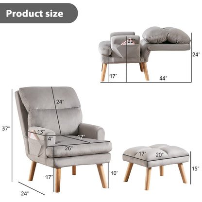 Fauteuil de salon confortable en tissu avec dossier et repose-pieds réglables.