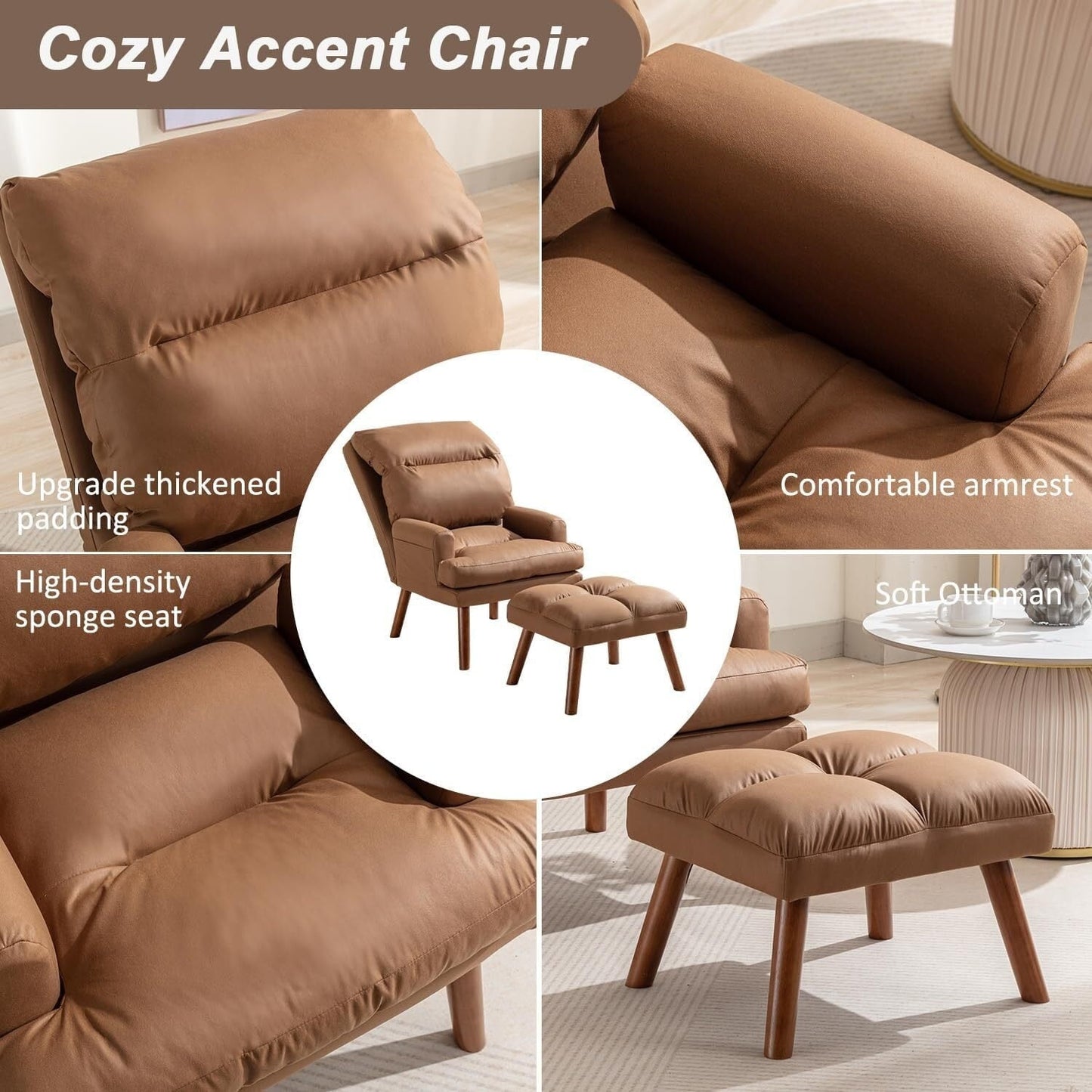 Fauteuil de salon confortable en tissu avec dossier et repose-pieds réglables.