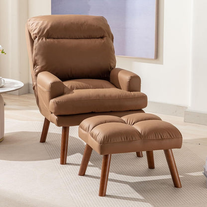 Fauteuil de salon confortable en tissu avec dossier et repose-pieds réglables.