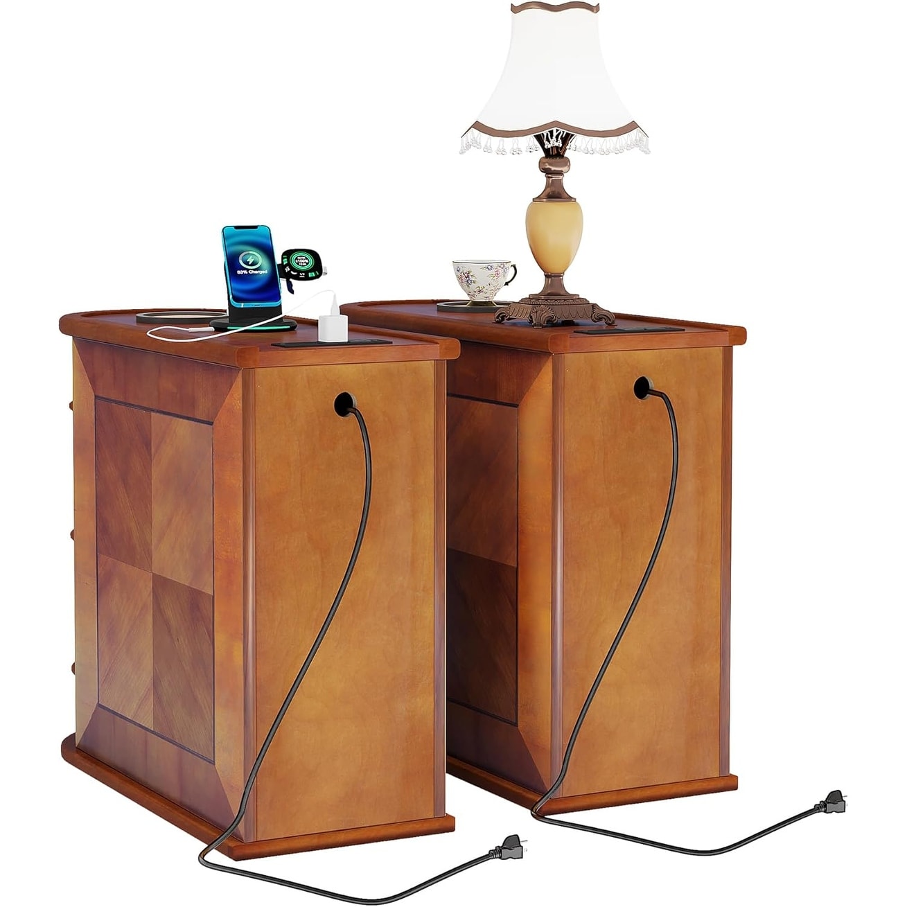 Table d'appoint en bois massif, table de chevet étroite à deux tiroirs, modèle Slim.