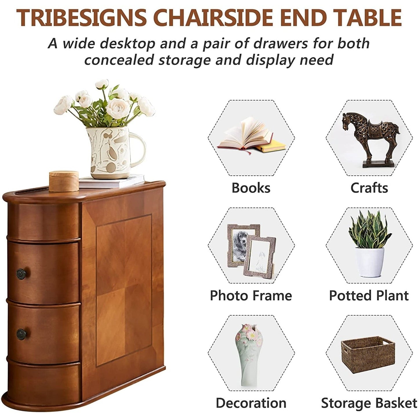 Table d'appoint en bois massif, table de chevet étroite à deux tiroirs, modèle Slim.