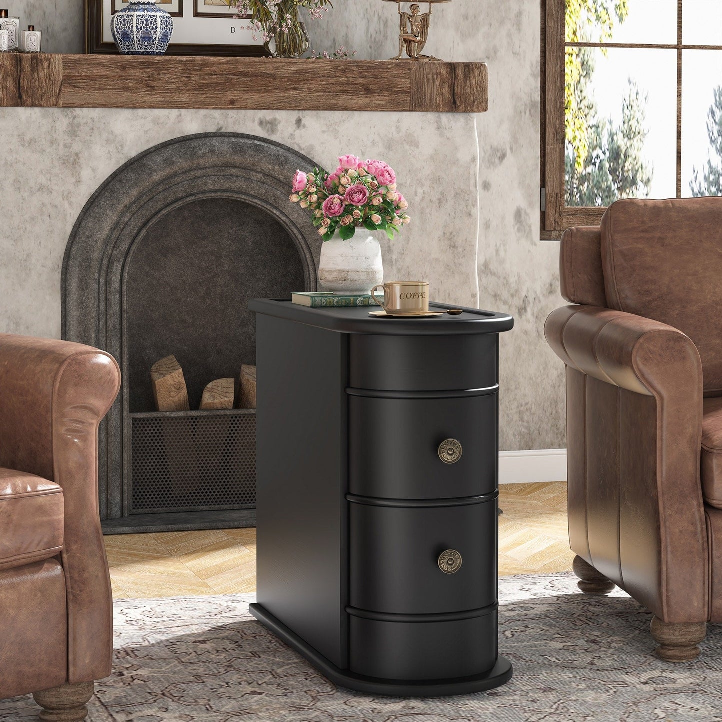 Table d'appoint en bois massif, table de chevet étroite à deux tiroirs, modèle Slim.