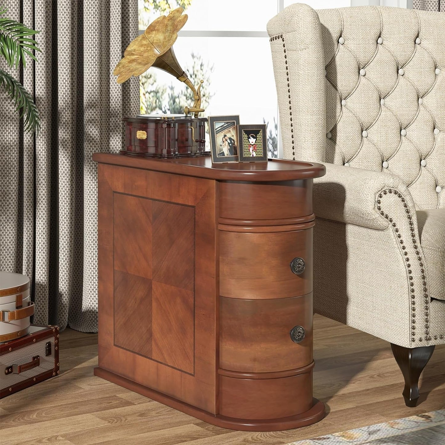 Table d'appoint en bois massif, table de chevet étroite à deux tiroirs, modèle Slim.