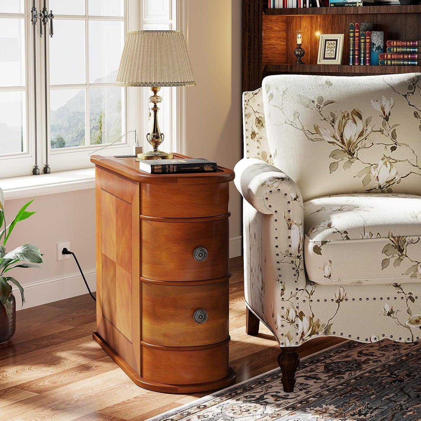 Table d'appoint en bois massif, table de chevet étroite à deux tiroirs, modèle Slim.