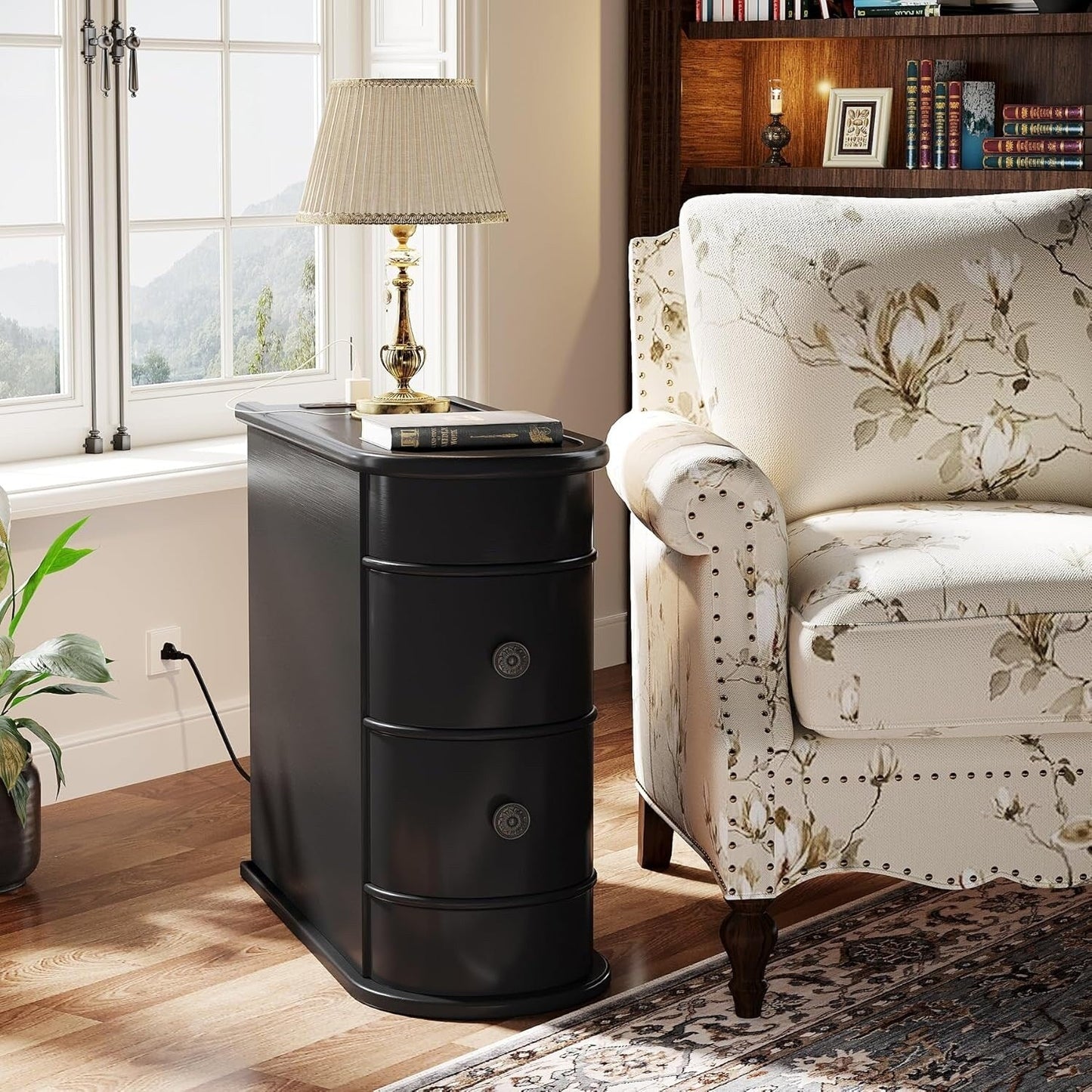 Table d'appoint en bois massif, table de chevet étroite à deux tiroirs, modèle Slim.