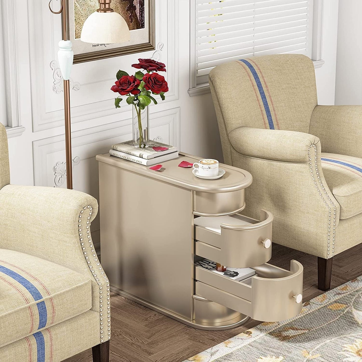 Table d'appoint en bois massif, table de chevet étroite à deux tiroirs, modèle Slim.