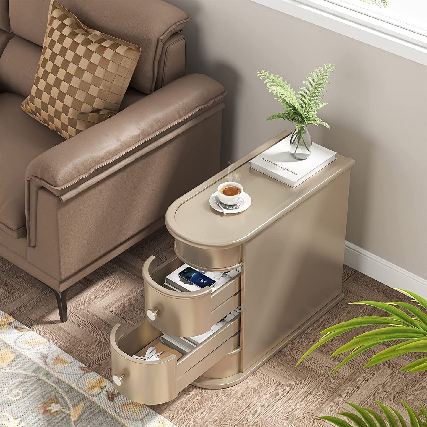 Table d'appoint en bois massif, table de chevet étroite à deux tiroirs, modèle Slim.