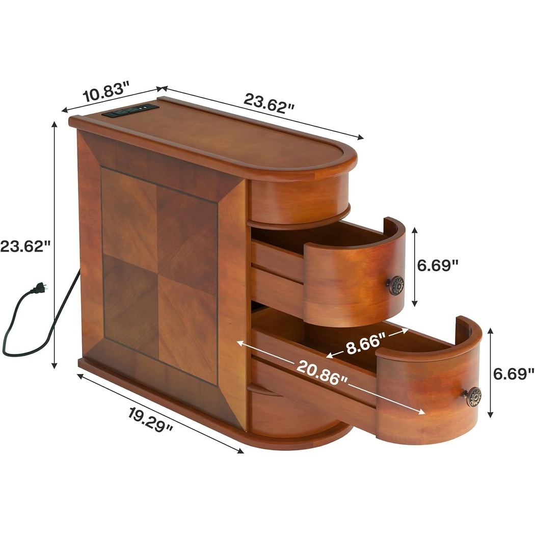 Table d'appoint en bois massif, table de chevet étroite à deux tiroirs, modèle Slim.