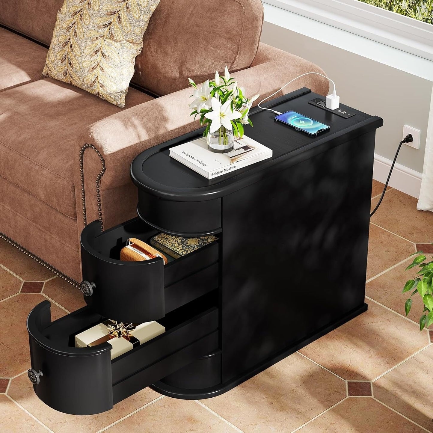 Table d'appoint en bois massif, table de chevet étroite à deux tiroirs, modèle Slim.