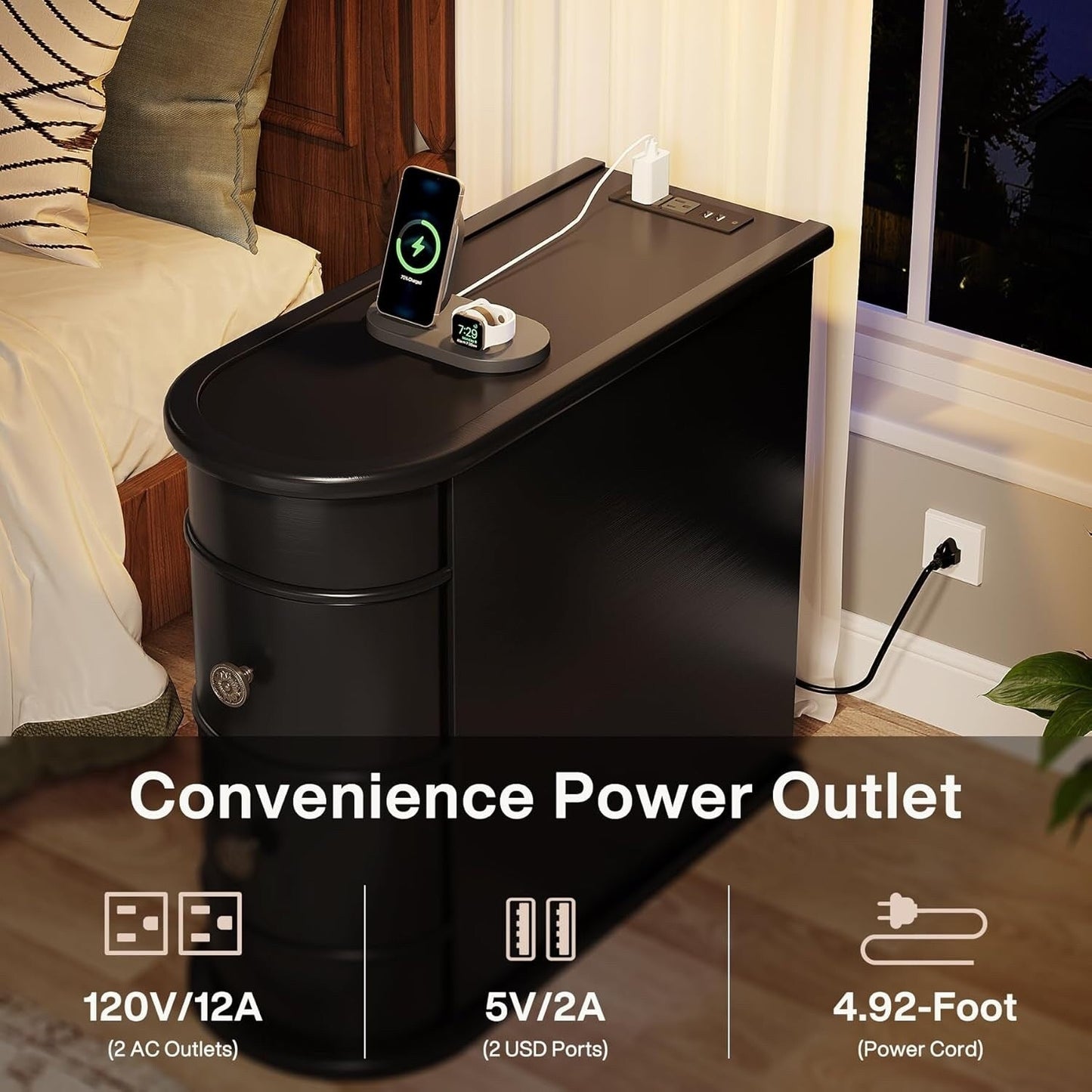 Table d'appoint en bois massif, table de chevet étroite à deux tiroirs, modèle Slim.