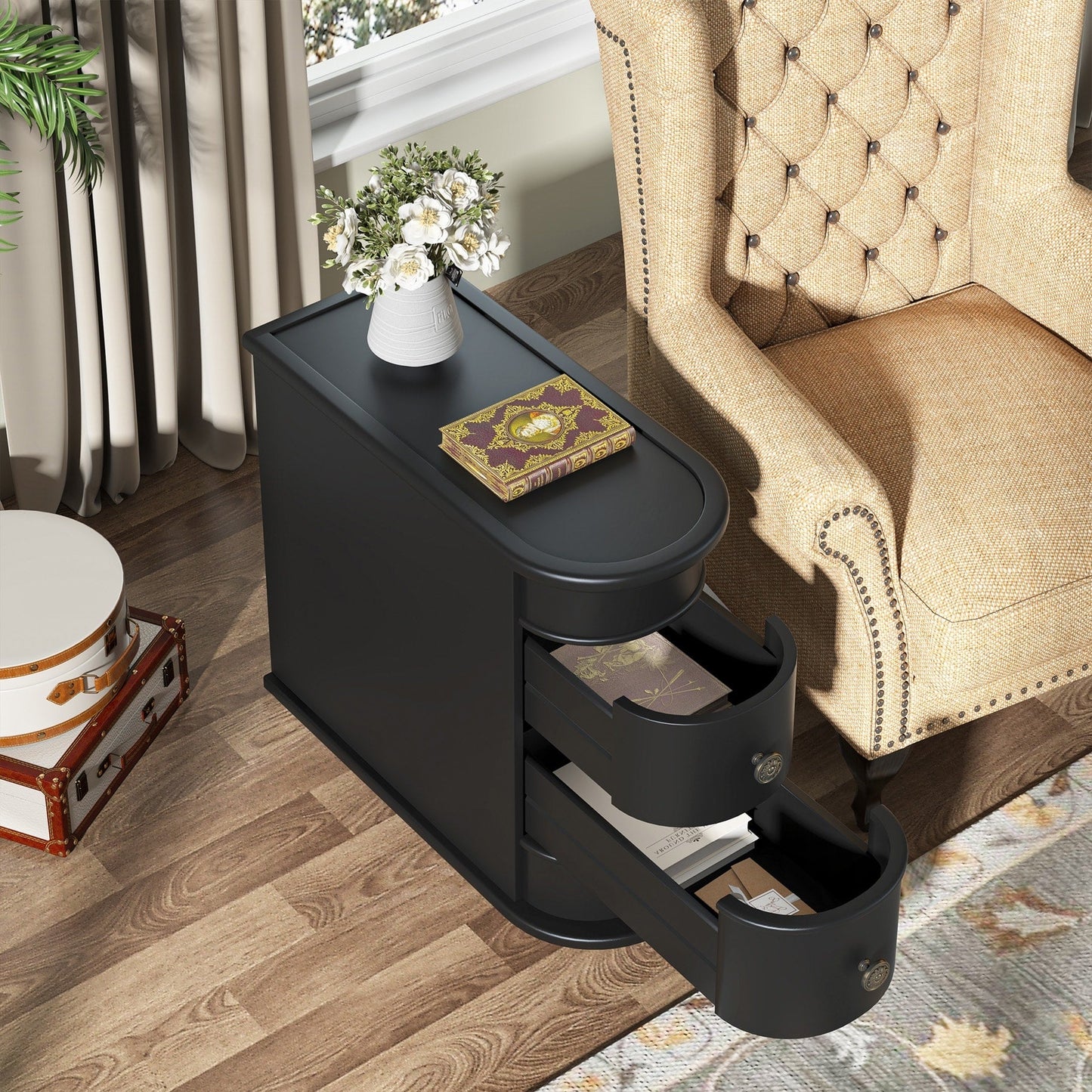 Table d'appoint en bois massif, table de chevet étroite à deux tiroirs, modèle Slim.