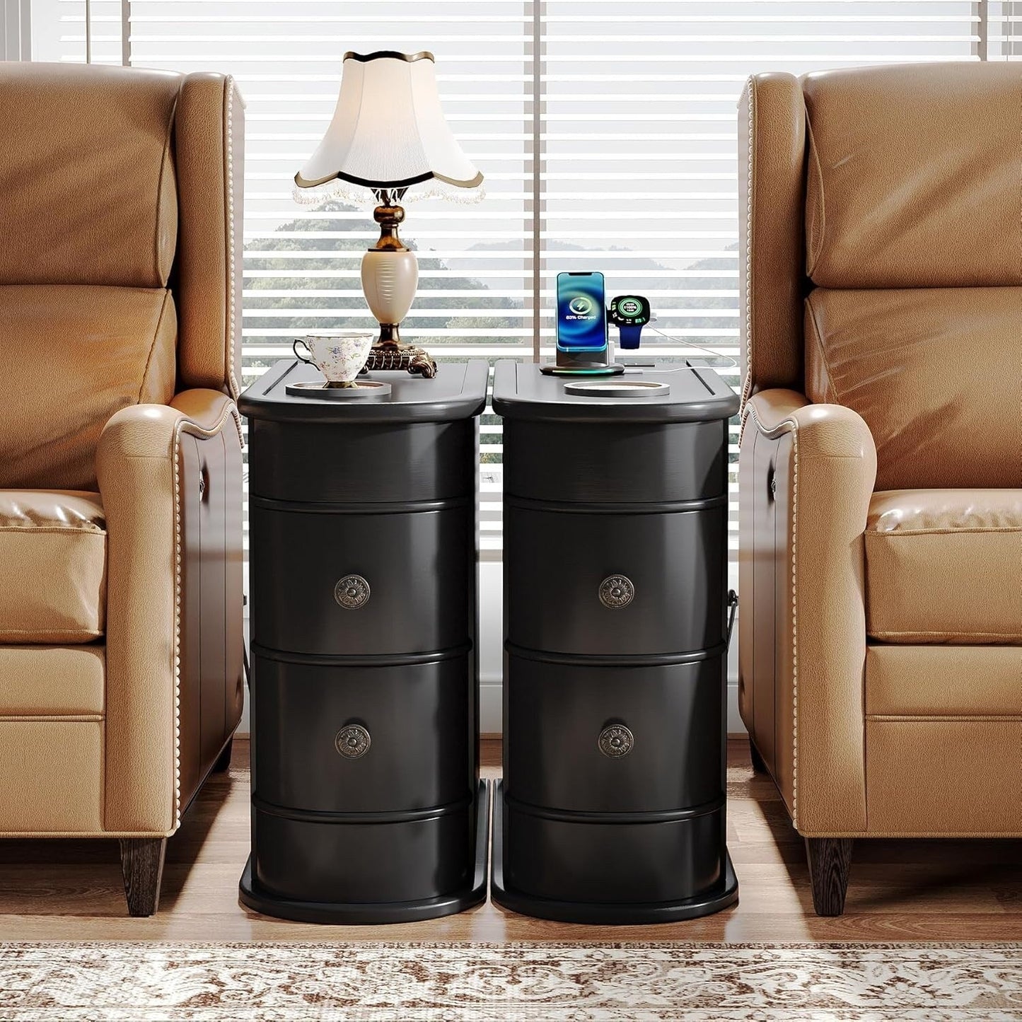 Table d'appoint en bois massif, table de chevet étroite à deux tiroirs, modèle Slim.