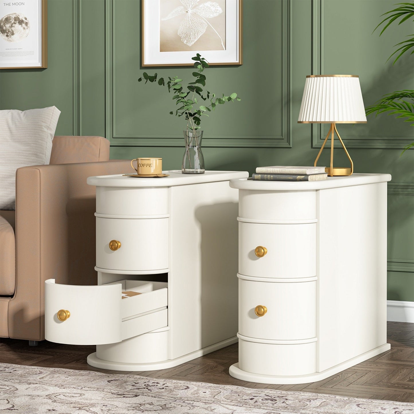 Table d'appoint en bois massif, table de chevet étroite à deux tiroirs, modèle Slim.