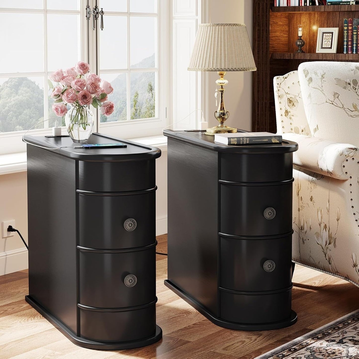 Table d'appoint en bois massif, table de chevet étroite à deux tiroirs, modèle Slim.