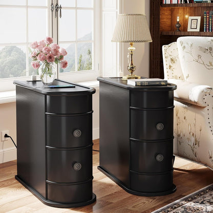 Table d'appoint en bois massif, table de chevet étroite à deux tiroirs, modèle Slim.