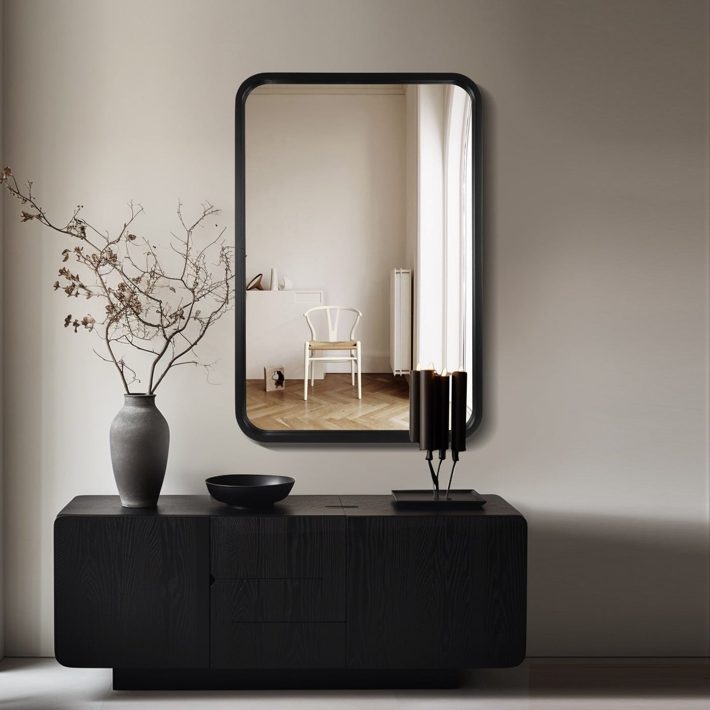 Round Corner Rectangle Farm Wall Mirror with Solid Wood Frame