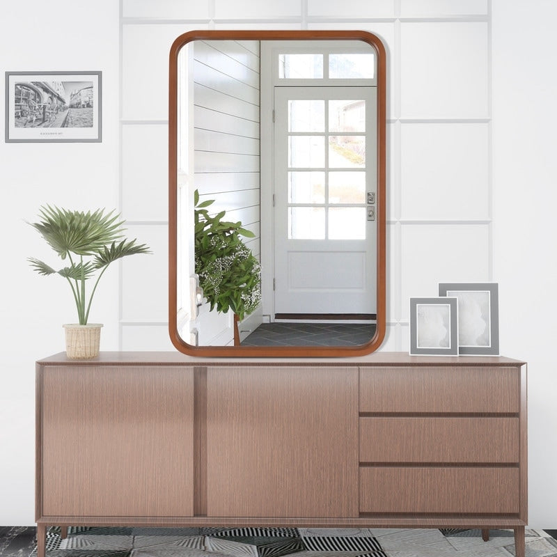 Round Corner Rectangle Farm Wall Mirror with Solid Wood Frame