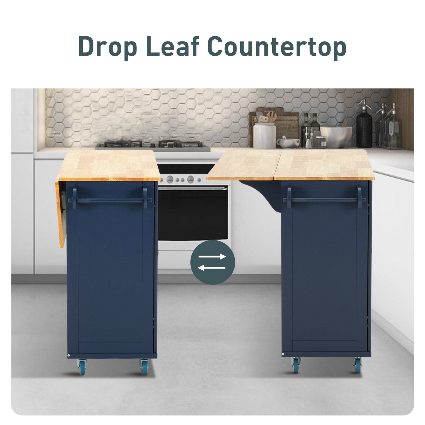 Chariot d'îlot de cuisine Sophia &amp; William avec plateau rabattable et plateau en bois de caoutchouc, chariot de cuisine roulant avec grand placard de rangement