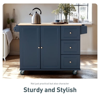 Chariot d'îlot de cuisine Sophia &amp; William avec plateau rabattable et plateau en bois de caoutchouc, chariot de cuisine roulant avec grand placard de rangement