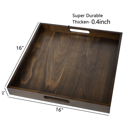 KINWELL Square Black Walnut Wood Serving Tray Ottoman Tray with Handles