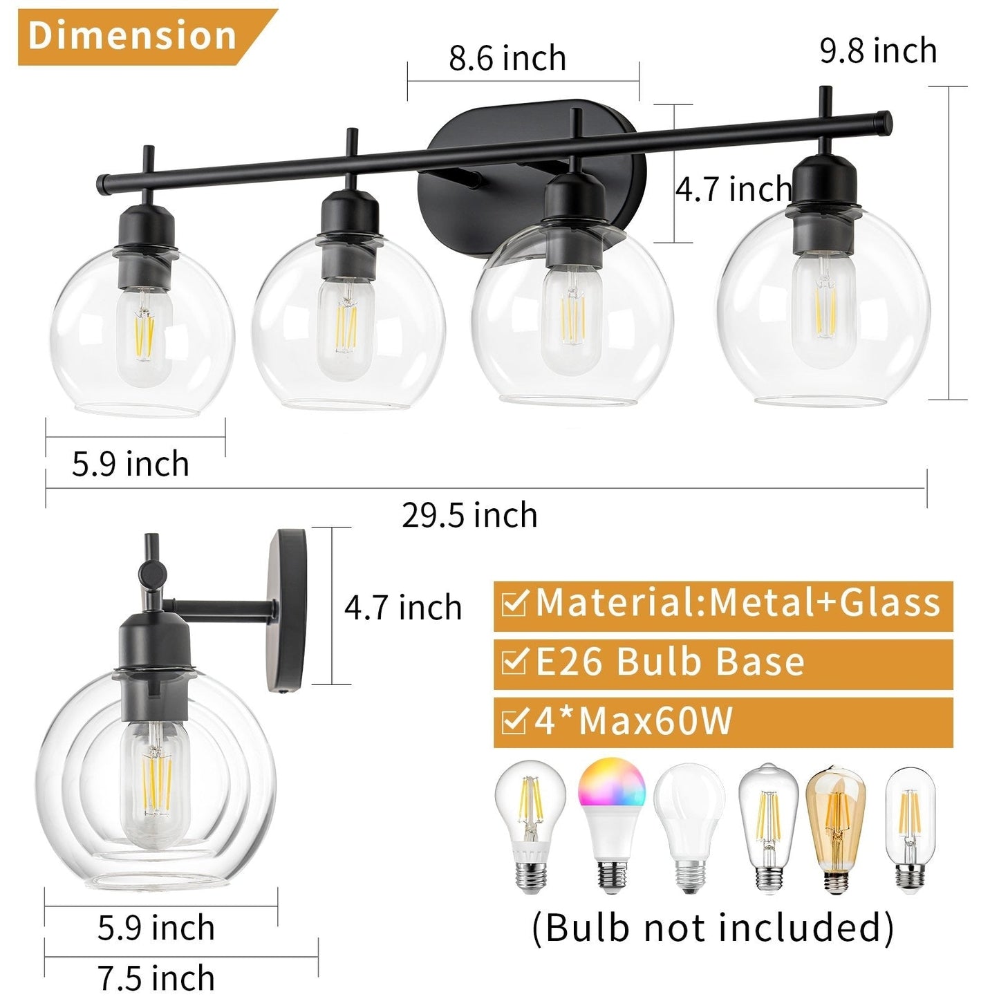 Starsky 4-Lights Modern Dimmable Bathroom Vanity Light with Globe Glass Shade