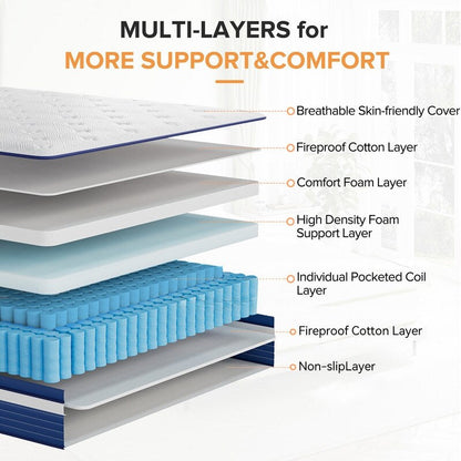 Matelas à ressorts avec surcouche moelleuse de 25 cm (10 pouces) SweDrea, fermeté moyenne, pour soulager le mal de dos et rafraîchir, certifié CertiPUR-US, SGS et OEKO-TEX.