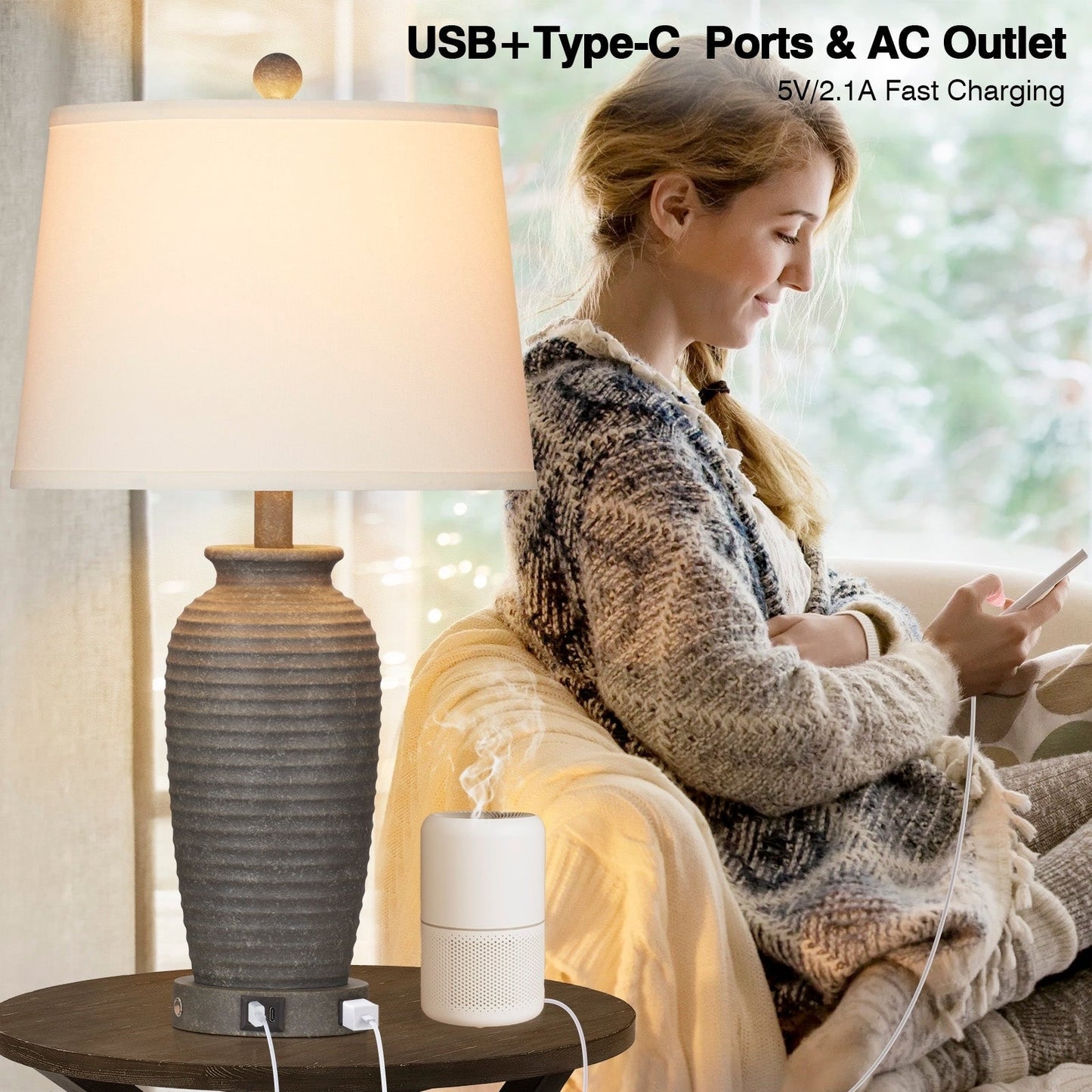 Grey Resin Table Lamps with 3-way Touch Dimming Switch USB Charging Port and AC Outlet (Set of 2)