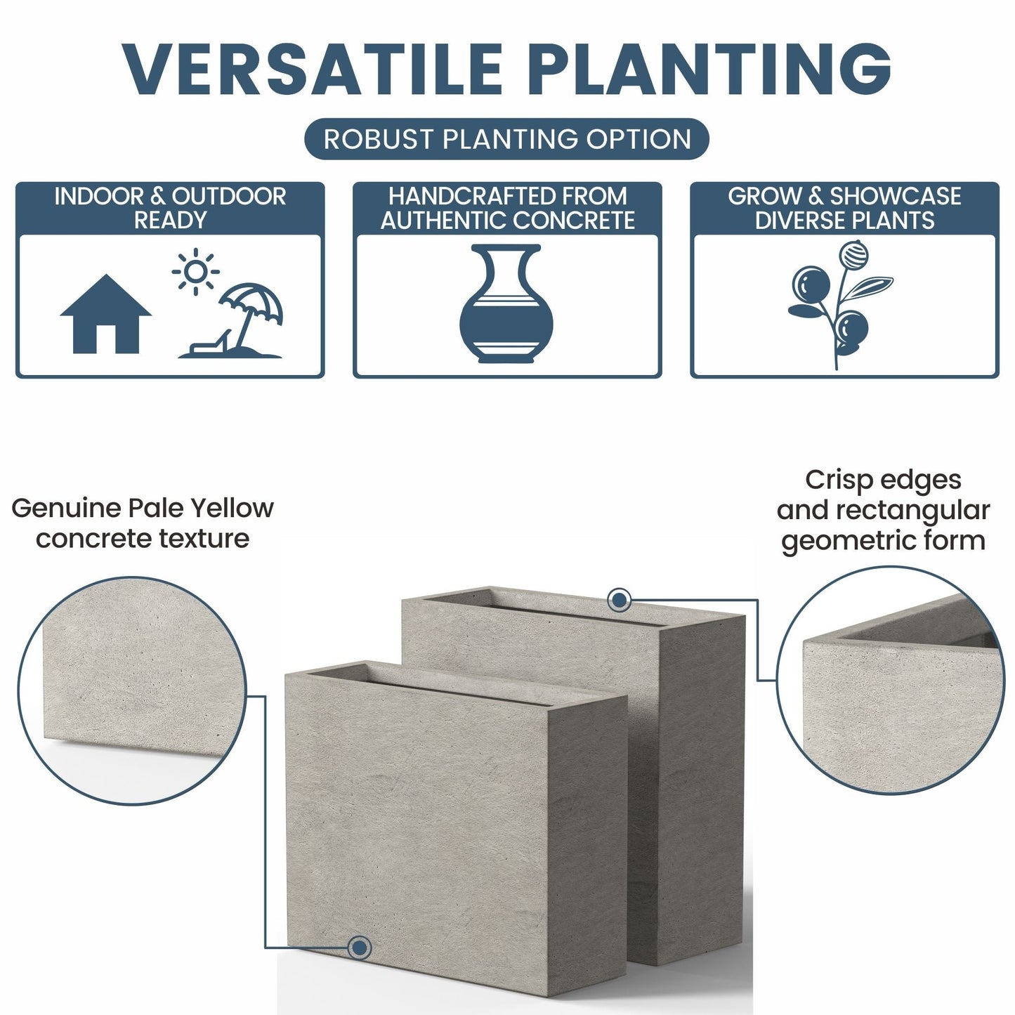 Grandes jardineries rectangulaires en béton / Grandes jardineries pour fleurs, pour intérieur et extérieur