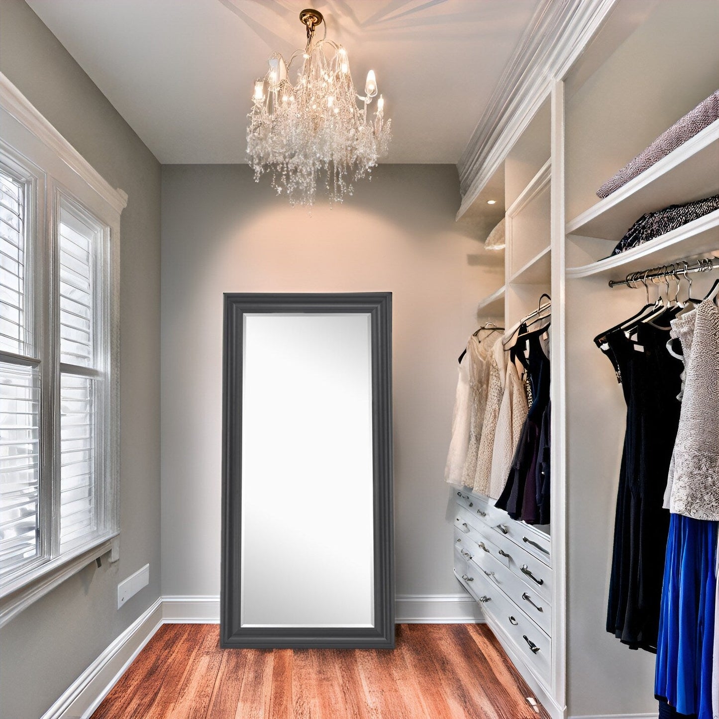 Grand miroir, miroir pleine taille, miroir rectangulaire surdimensionné, cadre en faux bois lisse, miroir mural suspendu.