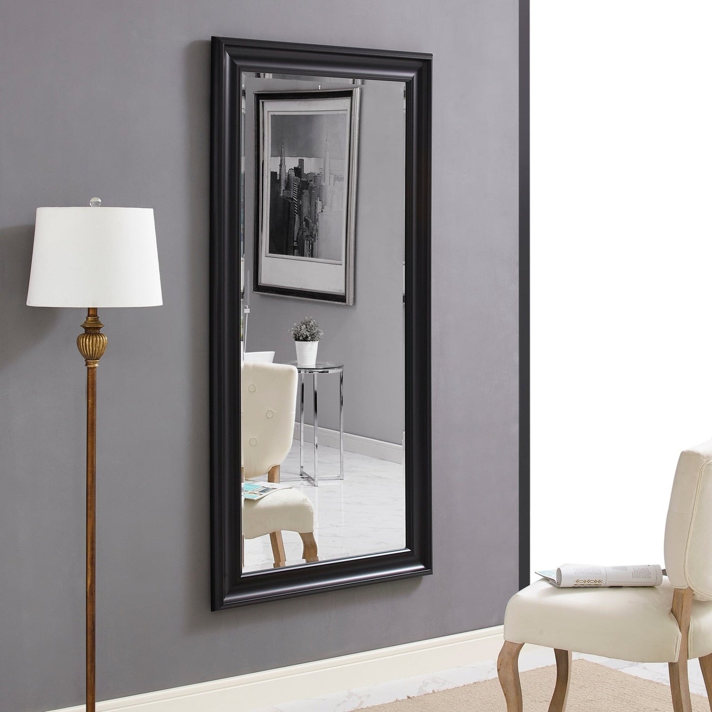 Grand miroir, miroir pleine taille, miroir rectangulaire surdimensionné, cadre en faux bois lisse, miroir mural suspendu.