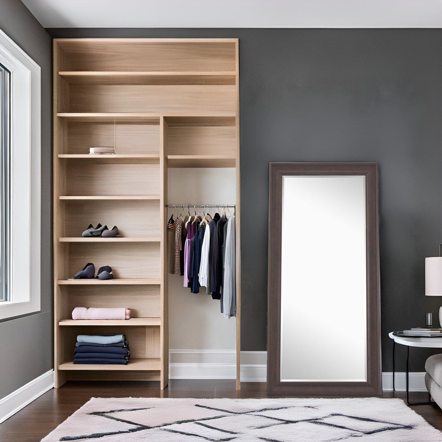 Grand miroir, miroir pleine taille, miroir rectangulaire surdimensionné, cadre en faux bois lisse, miroir mural suspendu.