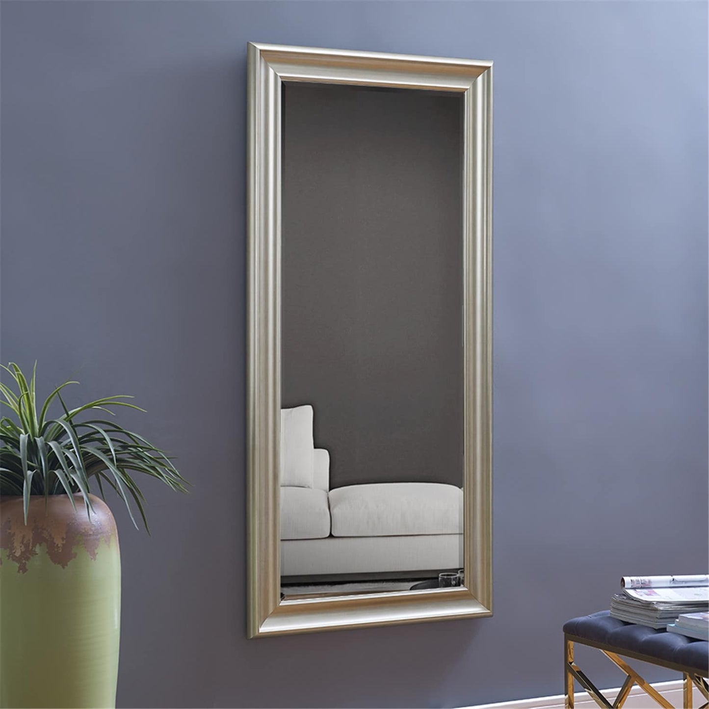 Grand miroir, miroir pleine taille, miroir rectangulaire surdimensionné, cadre en faux bois lisse, miroir mural suspendu.