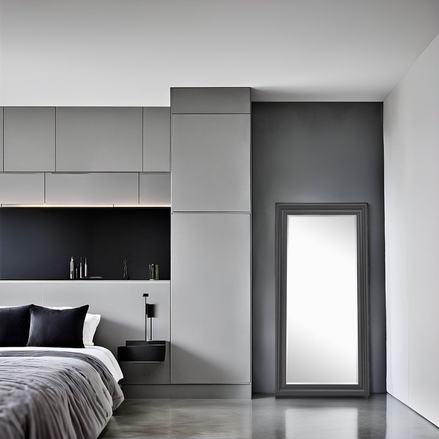 Grand miroir, miroir pleine taille, miroir rectangulaire surdimensionné, cadre en faux bois lisse, miroir mural suspendu.