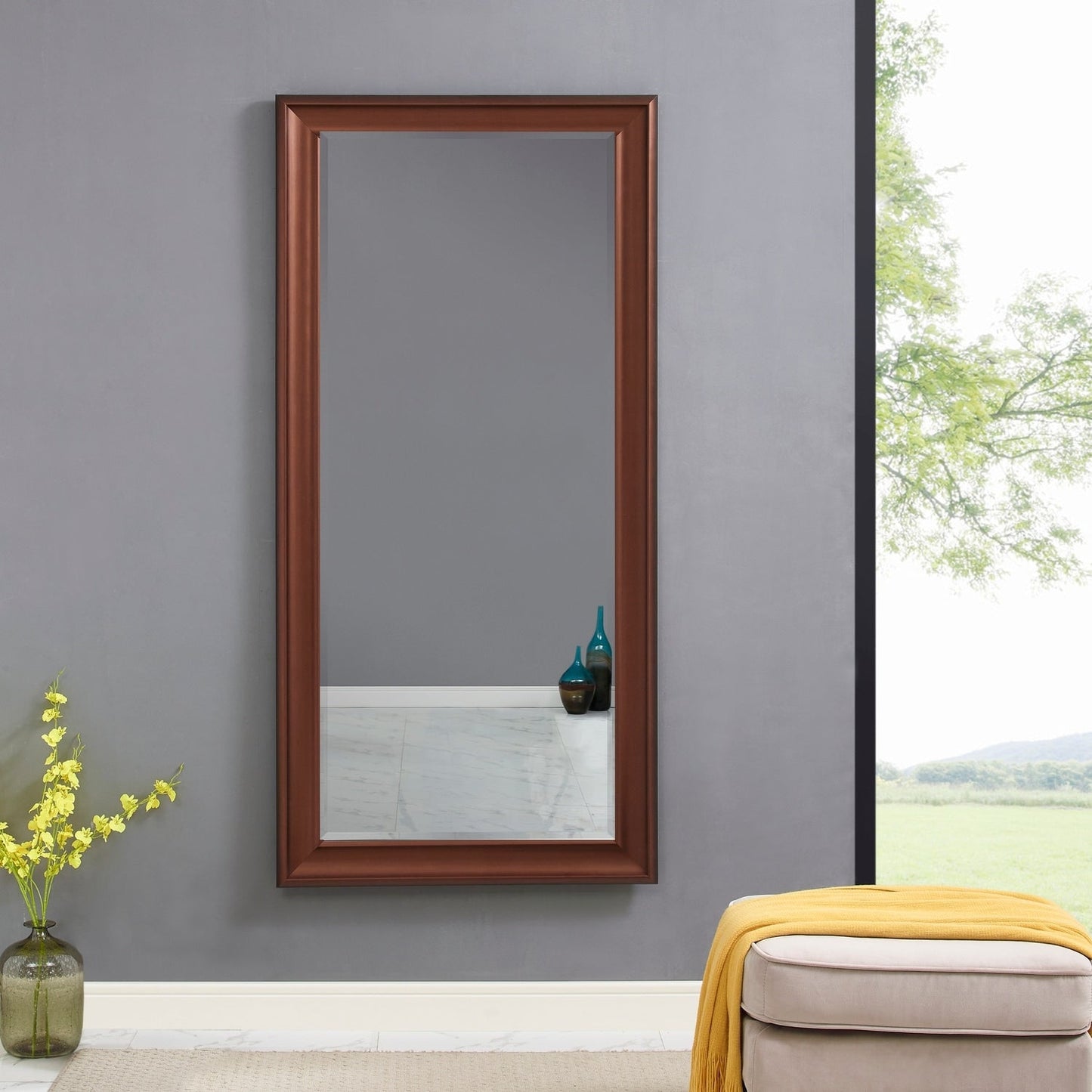 Grand miroir, miroir pleine taille, miroir rectangulaire surdimensionné, cadre en faux bois lisse, miroir mural suspendu.