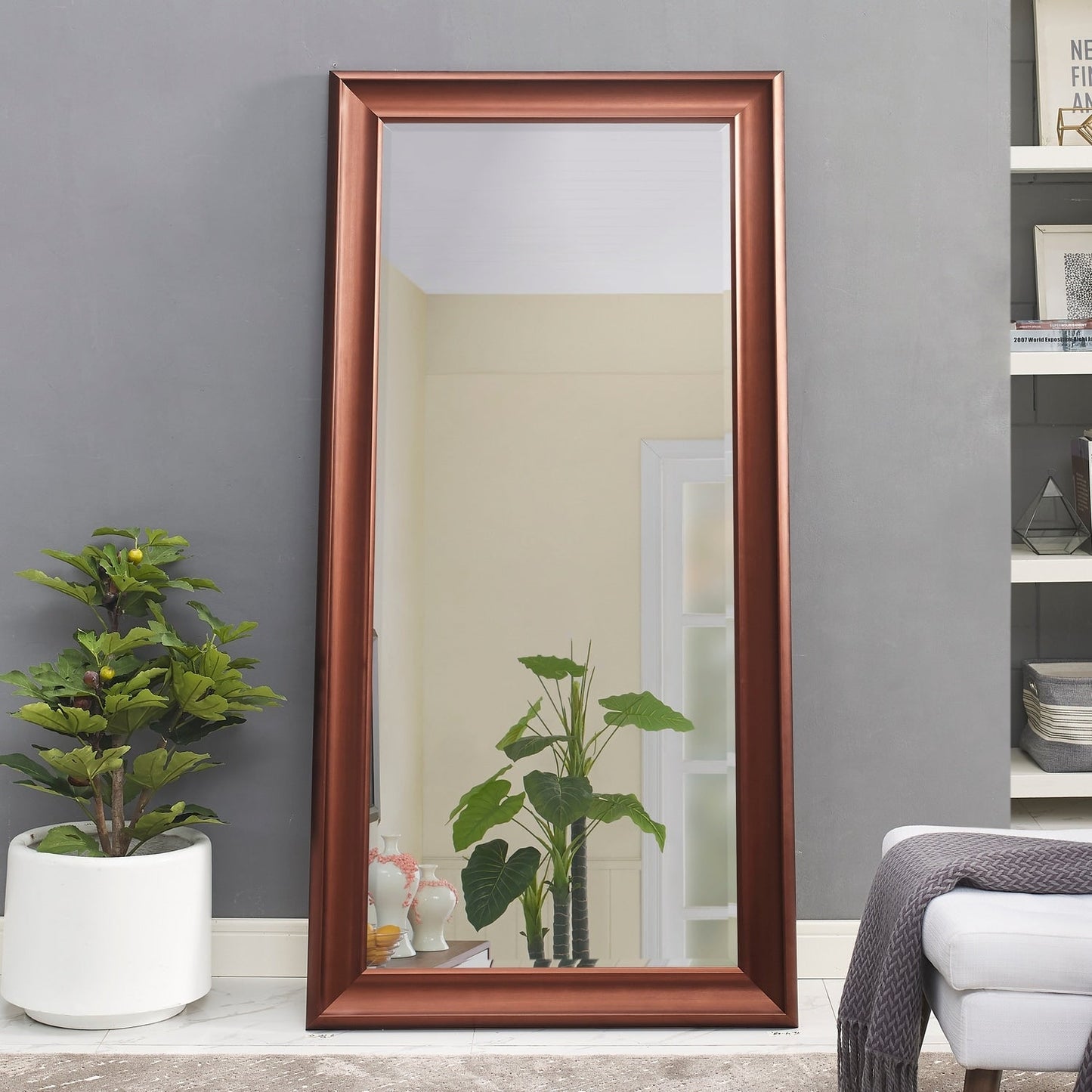 Grand miroir, miroir pleine taille, miroir rectangulaire surdimensionné, cadre en faux bois lisse, miroir mural suspendu.