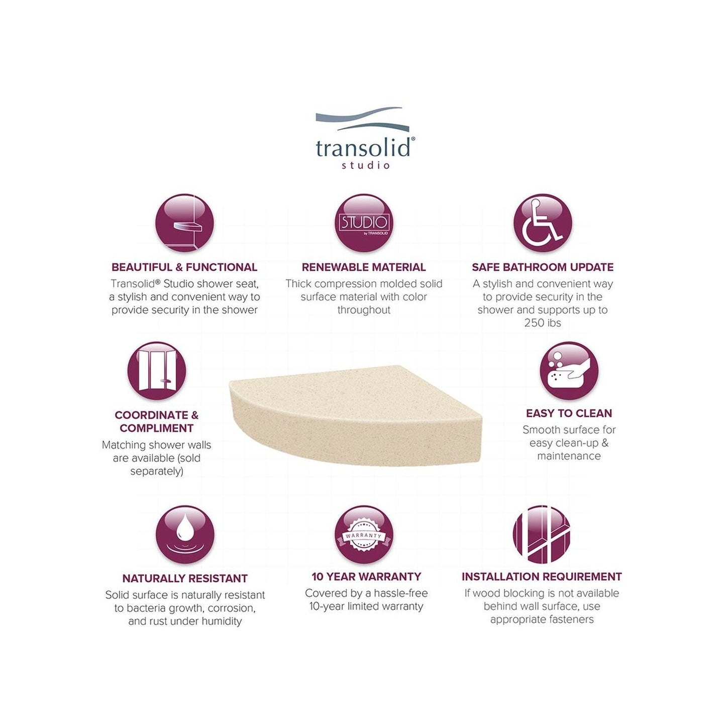 Transolid Studio, siège de douche d'angle mural en surface solide, 14 po x 14 po - 14,5 x 14,25 x 3