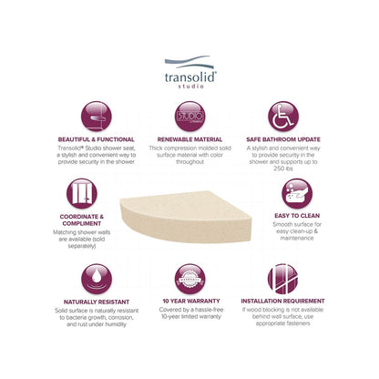 Transolid Studio, siège de douche d'angle mural en surface solide, 14 po x 14 po - 14,5 x 14,25 x 3