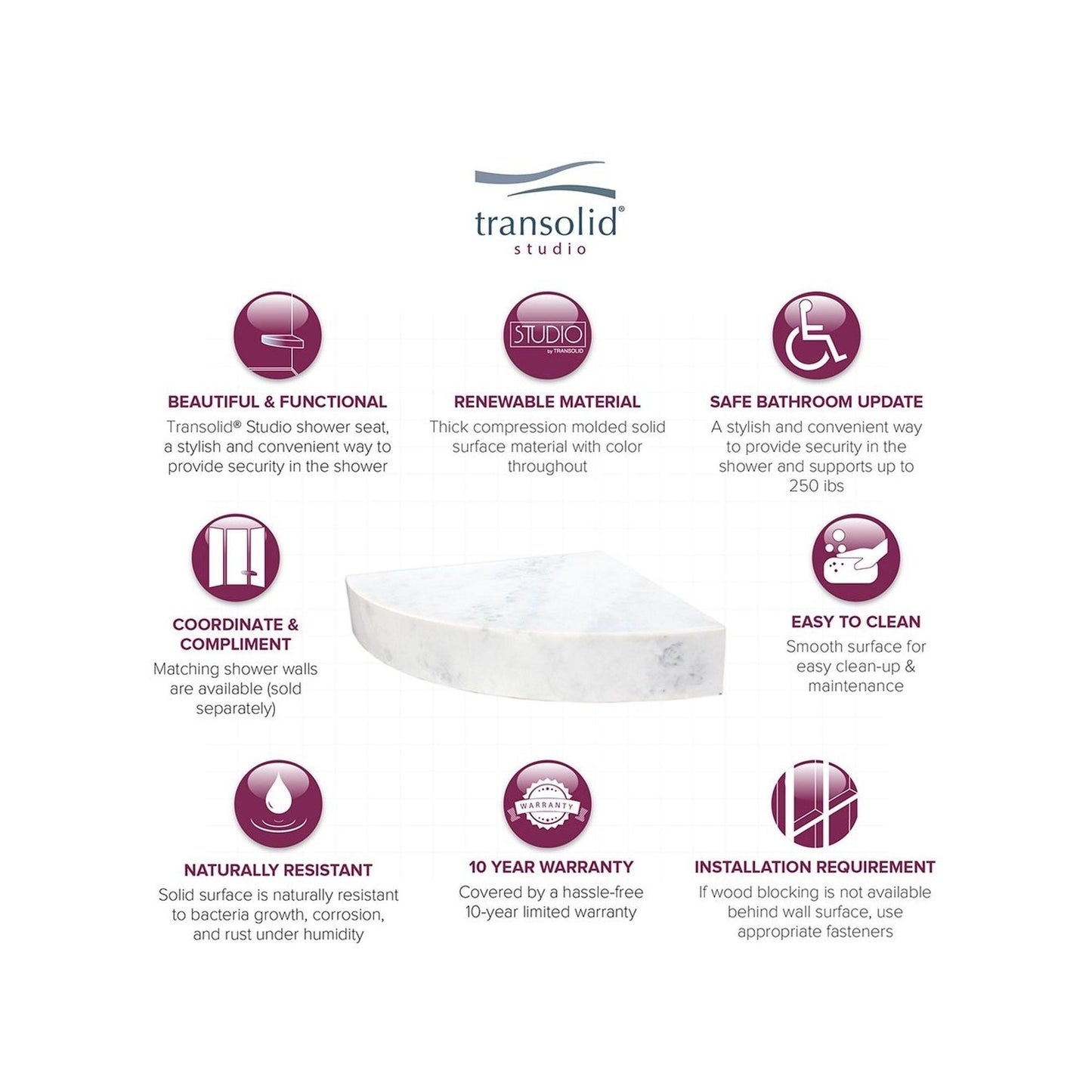 Transolid Studio, siège de douche d'angle mural en surface solide, 14 po x 14 po - 14,5 x 14,25 x 3