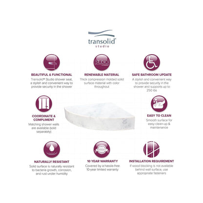 Transolid Studio, siège de douche d'angle mural en surface solide, 14 po x 14 po - 14,5 x 14,25 x 3