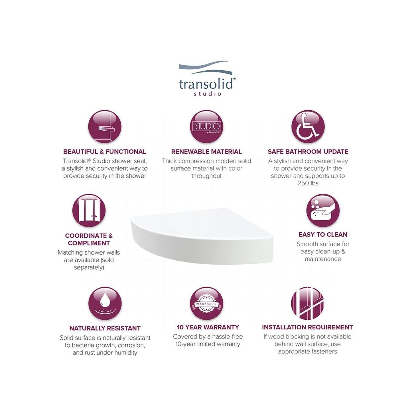 Transolid Studio, siège de douche d'angle mural en surface solide, 14 po x 14 po - 14,5 x 14,25 x 3