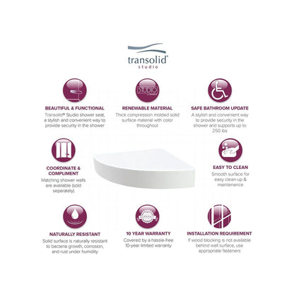 Transolid Studio, siège de douche d'angle mural en surface solide, 14 po x 14 po - 14,5 x 14,25 x 3