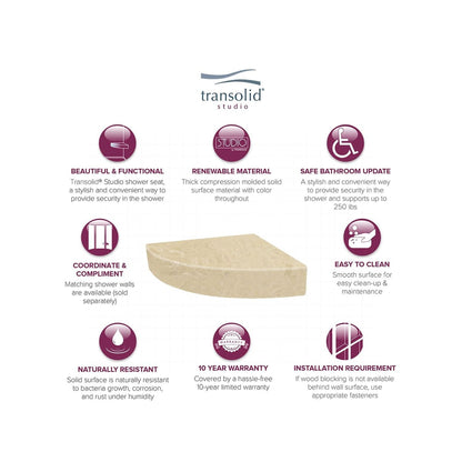 Transolid Studio, siège de douche d'angle mural en surface solide, 14 po x 14 po - 14,5 x 14,25 x 3