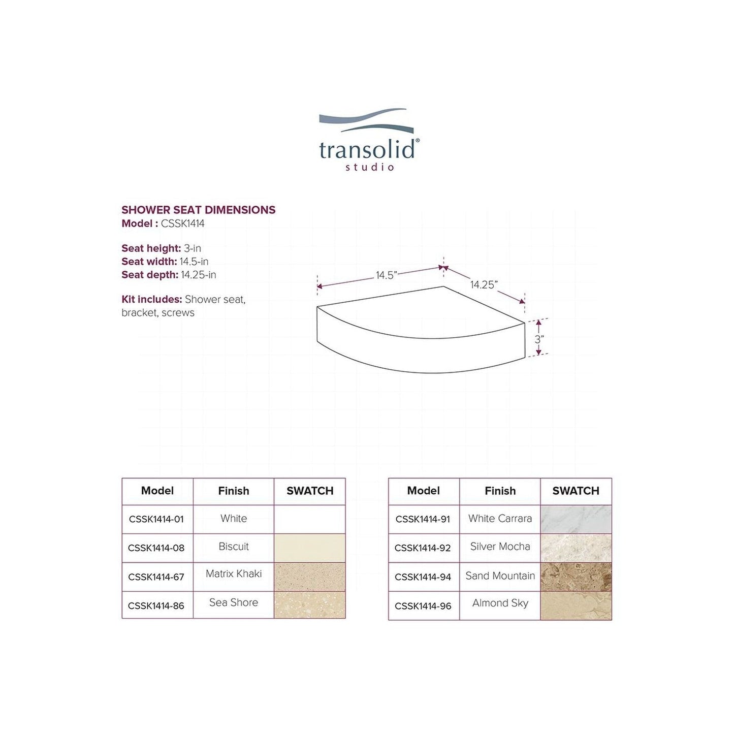 Transolid Studio, siège de douche d'angle mural en surface solide, 14 po x 14 po - 14,5 x 14,25 x 3