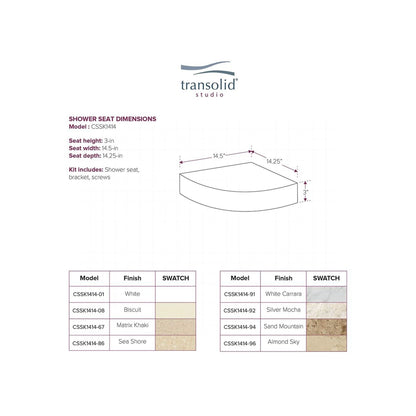Transolid Studio, siège de douche d'angle mural en surface solide, 14 po x 14 po - 14,5 x 14,25 x 3